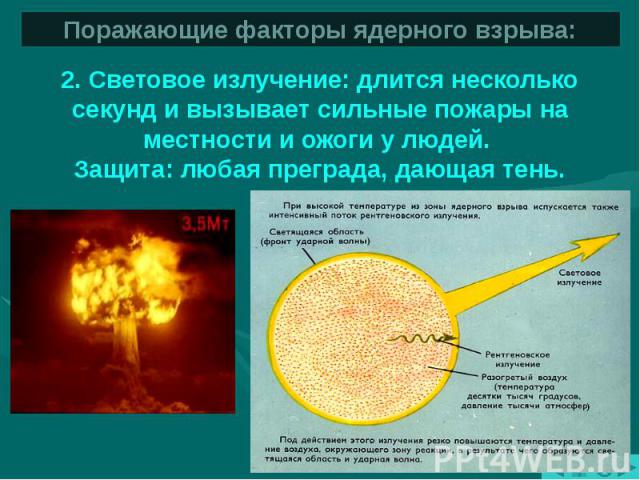 Поражающие факторы ядерного взрыва: 2. Световое излучение: длится несколько секунд и вызывает сильные пожары на местности и ожоги у людей. Защита: любая преграда, дающая тень.