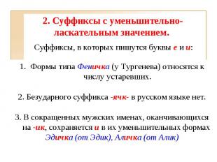 2. Суффиксы с уменьшительно-ласкательным значением.  Формы типа Феничка (у Турге