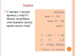 Задача У матери I группа крови,а у отца IV . Может ли ребёнок унаследовать групп