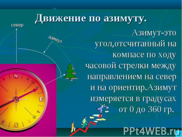 Движение по азимуту. Азимут-это угол,отсчитанный на компасе по ходу часовой стрелки между направлением на север и на ориентир.Азимут измеряется в градусах от 0 до 360 гр.