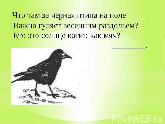 Что там за чёрная птица на поле Важно гуляет весенним раздольем? Кто это солнце катит, как мяч? ________.