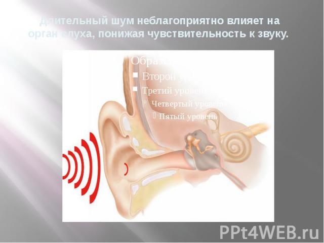 Длительный шум неблагоприятно влияет на орган слуха, понижая чувствительность к звуку.