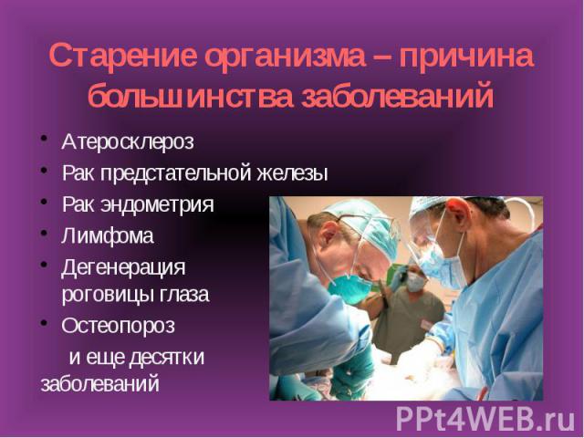 Старение организма – причина большинства заболеванийАтеросклерозРак предстательной железыРак эндометрияЛимфомаДегенерация роговицы глазаОстеопорози еще десятки заболеваний