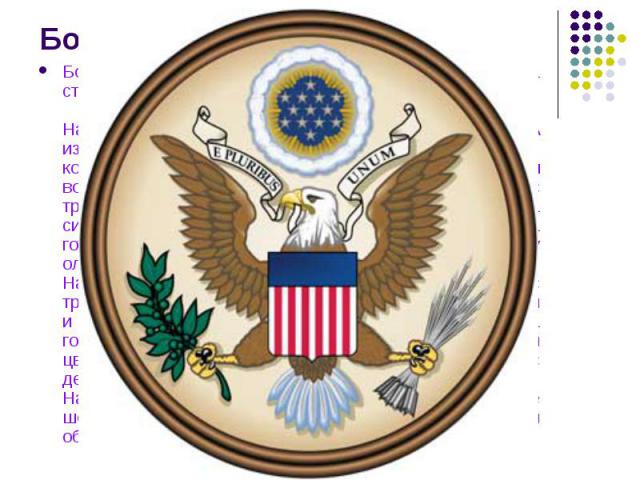 Большая печать США, в отличие от гербов большинства стран мира, имеет две стороны.На лицевой стороне (аверсе) Большой печати США изображен один из символов США, белоголовый орлан, который держит в одной лапе тринадцать стрел, символ войны, а в друго…