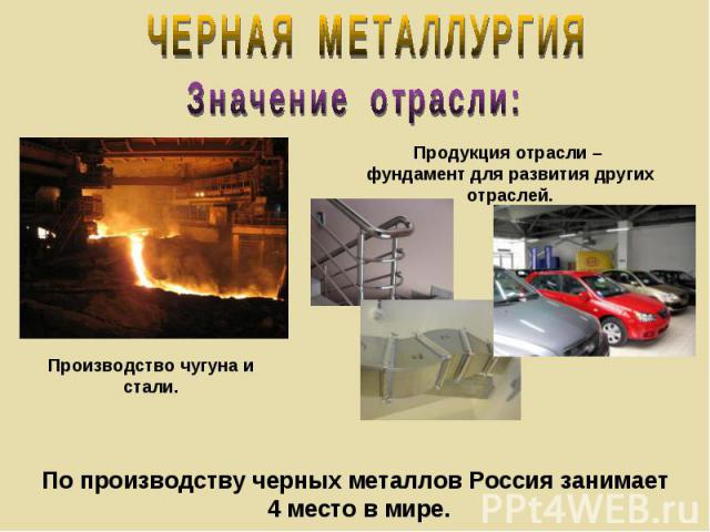 ЧЕРНАЯ МЕТАЛЛУРГИЯ Значение отрасли: Продукция отрасли – фундамент для развития других отраслей. Производство чугуна и стали. По производству черных металлов Россия занимает 4 место в мире.