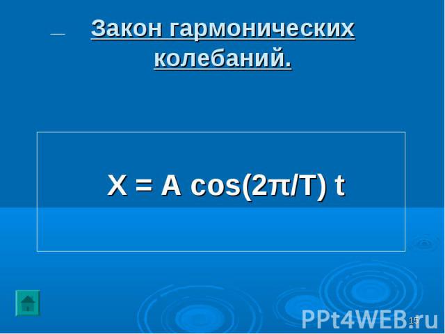 X = A cos(2π/T) t Закон гармонических колебаний.