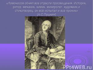 «Ломоносов обнял все отрасли просвещения. Историк, ритор, механик, химик, минеро