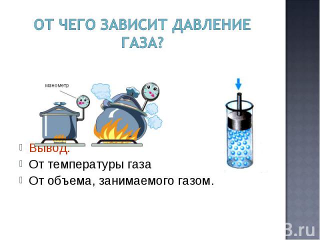 От чего зависит давление газа? Вывод:От температуры газаОт объема, занимаемого газом.