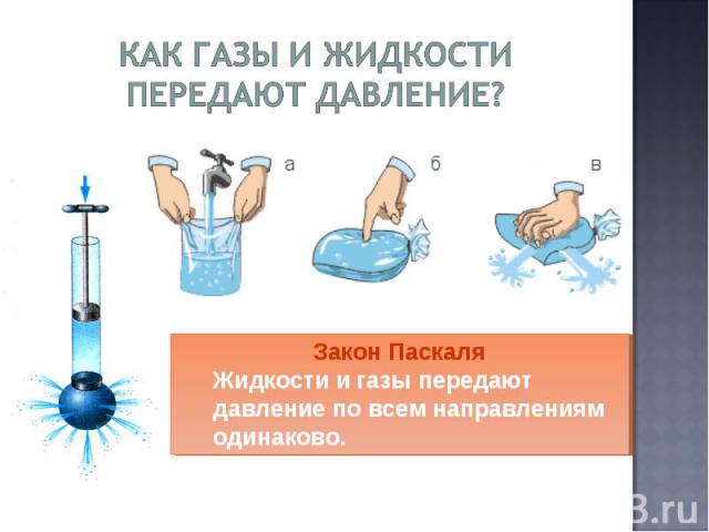 Как газы и жидкости передают давление? Закон ПаскаляЖидкости и газы передают давление по всем направлениям одинаково.