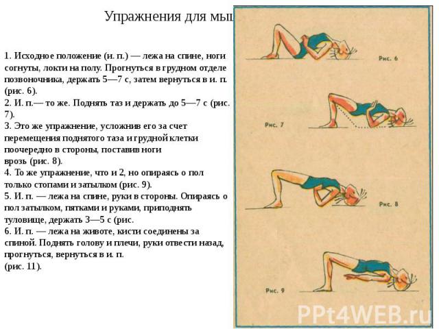 Упражнения для мышц спины 1. Исходное положение (и. п.) — лежа на спине, ноги согнуты, локти на полу. Прогнуться в грудном отделе позвоночника, держать 5—7 с, затем вернуться в и. п. (рис. 6). 2. И. п.— то же. Поднять таз и держать до 5—7 с (рис. 7)…