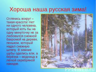 Хороша наша русская зима! Оглянись вокруг – такая красота! Нет ни одного человек