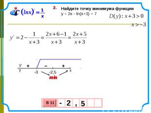 Найдите точку минимума функции y = 2х – ln(x+3) + 7