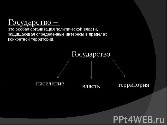 Государство – это особая организация политической власти, защищающая определенные интересы в пределах конкретной территории.