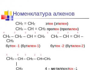 СН2 = СН2 этен (этилен) СН3 – СН = СН2 пропен (пропилен) 4 3 2 1 1 2 3 4СН3 – СН