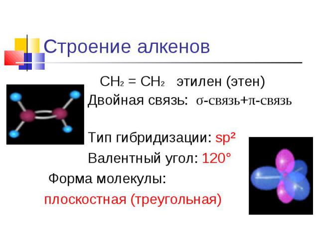 Строение алкенов СН2 = СН2 этилен (этен) Двойная связь: σ-связь+π-связь Тип гибридизации: sp² Валентный угол: 120° Форма молекулы:плоскостная (треугольная)