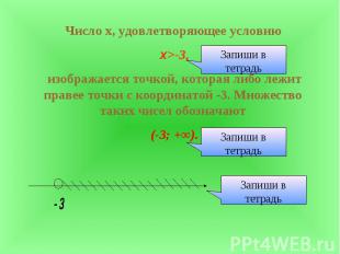 Число х, удовлетворяющее условию х>-3, изображается точкой, которая либо лежит п