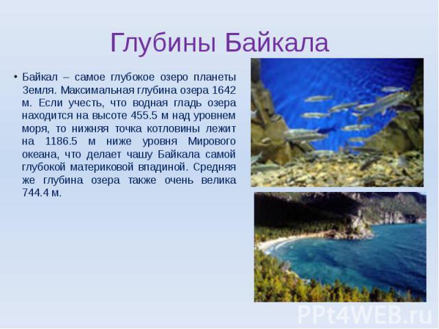 Байкал – самое глубокое озеро планеты Земля. Максимальная глубина озера 1642 м. Если учесть, что водная гладь озера находится на высоте 455.5 м над уровнем моря, то нижняя точка котловины лежит на 1186.5 м ниже уровня Мирового океана, что делает чаш…