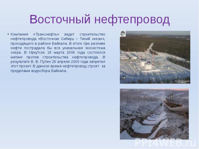 Компания «Транснефть» ведет строительство нефтепровода «Восточная Сибирь – Тихий океан», проходящего в районе Байкала. В итоге при разливе нефти пострадала бы вся уникальная экосистема озера. В Иркутске 18 марта 2006 года состоялся митинг против стр…