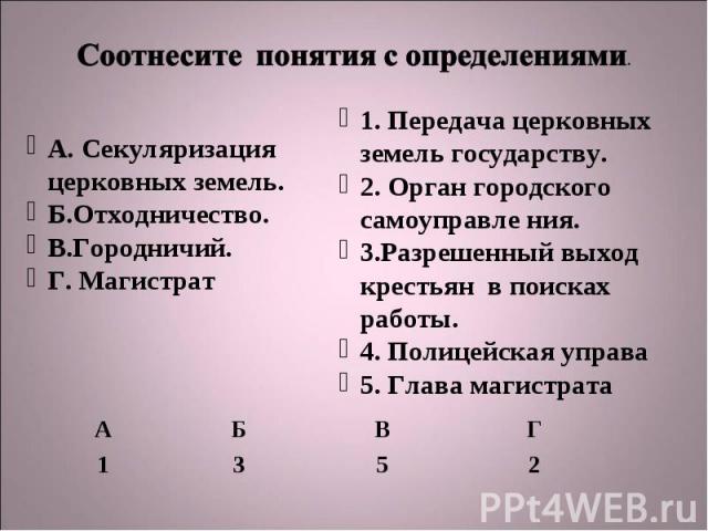 А. Секуляризация церковных земель.Б.Отходничество.В.Городничий.Г. Магистрат 1. Передача церковных земель государству.2. Орган городского самоуправле ния.3.Разрешенный выход крестьян в поисках работы.4. Полицейская управа5. Глава магистрата