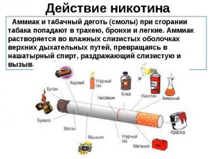 Действие никотина Аммиак и табачный деготь (смолы) при сгорании табака попадают