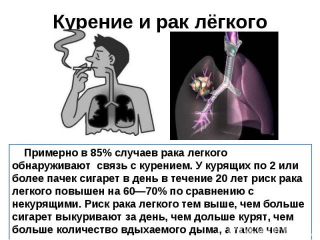 Курение и рак лёгкого Примерно в 85% случаев рака легкого обнаруживают связь с курением. У курящих по 2 или более пачек сигарет в день в течение 20 лет риск рака легкого повышен на 60—70% по сравнению с некурящими. Риск рака легкого тем выше, чем бо…