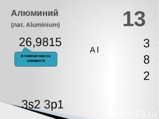 Алюминий (лат. Aluminium) Атомная масса элемента