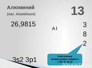 Алюминий(лат. Aluminium) Электронная конфигурация элемента +13Al 2е 8ē 3ē