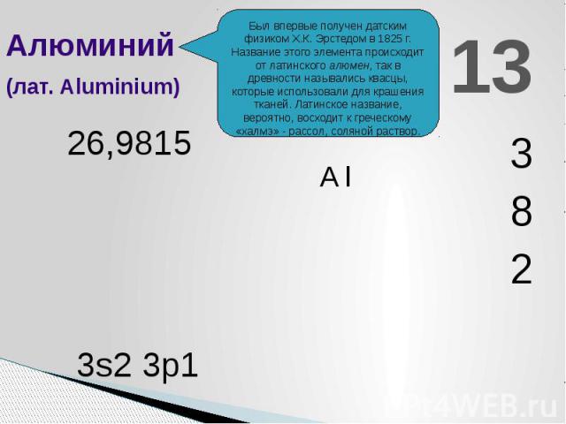 Алюминий(лат. Aluminium) 26,9815 Был впервые получен датским физиком Х.К. Эрстедом в 1825 г. Название этого элемента происходит от латинского алюмен, так в древности назывались квасцы, которые использовали для крашения тканей. Латинское название, ве…