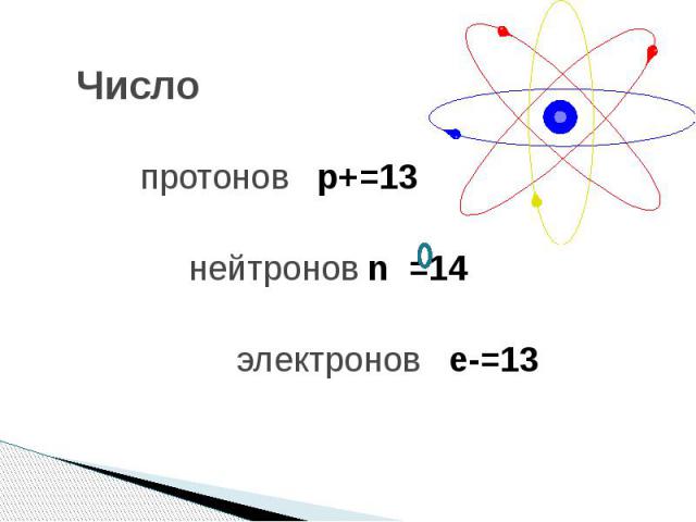 Число протонов p+=13 нейтронов n =14 электронов e-=13