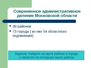 Современное административное деление Московской области 39 районов73 города ( из