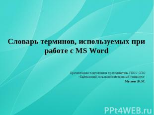Словарь терминов, используемых при работе с MS Word Презентацию подготовила преп