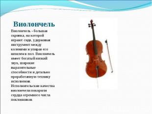 Виолончель - большая скрипка, на которой играют сидя, удерживая инструмент между