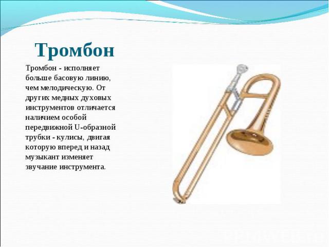 Тромбон - исполняет больше басовую линию, чем мелодическую. От других медных духовых инструментов отличается наличием особой передвижной U-образной трубки - кулисы, двигая которую вперед и назад музыкант изменяет звучание инструмента.