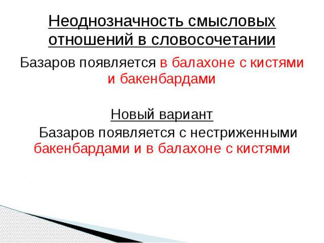 Неоднозначность смысловых отношений в словосочетании Базаров появляется в балахоне с кистями и бакенбардамиНовый вариантБазаров появляется с нестриженными бакенбардами и в балахоне с кистями