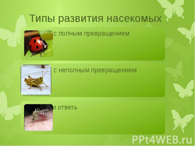 Типы развития насекомых Развитие с полным превращениемРазвитие с неполным превращениемПодумай и ответь