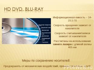 HD DVD, Blu-Ray Информационная емкость – 14-23,5 ГбСкорость вращения зависит от