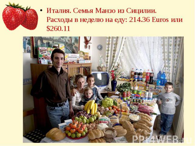 Италия. Семья Манзо из Сицилии.Расходы в неделю на еду: 214.36 Euros или $260.11