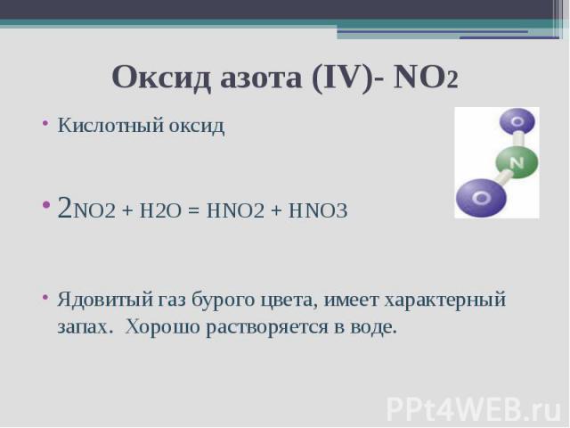 Оксид азота (IV)- NO2Кислотный оксид2NO2 + H2O = HNO2 + HNO3Ядовитый газ бурого цвета, имеет характерный запах. Хорошо растворяется в воде.