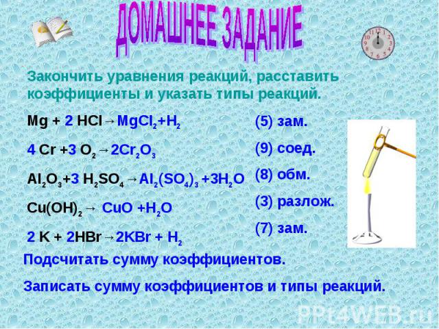 ДОМАШНЕЕ ЗАДАНИЕ Закончить уравнения реакций, расставить коэффициенты и указать типы реакций.Mg + 2 HCI→MgCI2+H24 Cr +3 O2→2Cr2O3AI2O3+3 H2SO4→AI2(SO4)3 +3H2OCu(OH)2→ CuO +H2O2 K + 2HBr→2KBr + H2 (5) зам.(9) соед.(8) обм.(3) разлож.(7) зам. Подсчита…