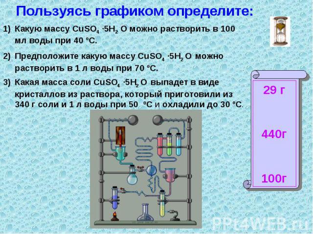 Какую массу CuSO4 ·5H2 O можно растворить в 100 мл воды при 40 ºС.Предположите какую массу CuSO4 ·5H2 O можно растворить в 1 л воды при 70 ºС.Какая масса соли CuSO4 ·5H2 O выпадет в виде кристаллов из раствора, который приготовили из 340 г соли и 1 …