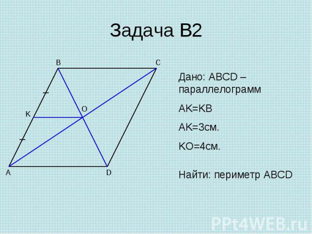 Задача В2 Дано: ABCD – параллелограммAK=KBAK=3см.KO=4см.Найти: периметр ABCD