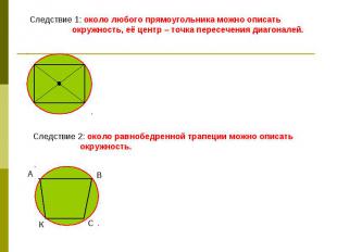 Следствие 1: около любого прямоугольника можно описать окружность, её центр – то