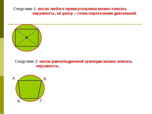 Следствие 1: около любого прямоугольника можно описать окружность, её центр – точка пересечения диагоналей. Следствие 2: около равнобедренной трапеции можно описать окружность.