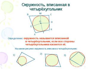 Окружность, вписанная в четырёхугольник Определение: окружность называется вписа