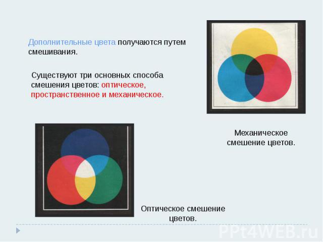 Дополнительные цвета получаются путем смешивания. Существуют три основных способа смешения цветов: оптическое, пространственное и механическое. Механическое смешение цветов.