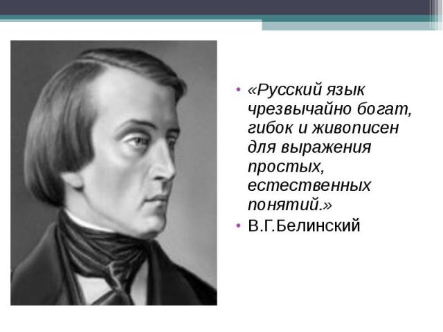 «Русский язык чрезвычайно богат, гибок и живописен для выражения простых, естественных понятий.»В.Г.Белинский