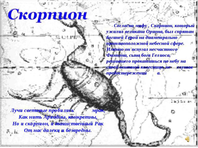 Скорпион Согласно мифу , Скорпион, который ужалил великана Ориона, был спрятан богиней Герой на диаметрально противоположной небесной сфере. Именно он испугал несчастного Фаэтона, сына бога Гелиоса, решившего прокатиться по небу на своей огненной ко…