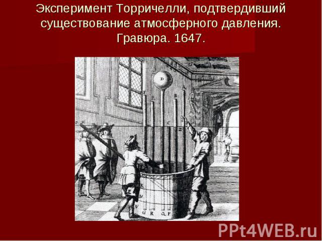 Эксперимент Торричелли, подтвердивший существование атмосферного давления. Гравюра. 1647.