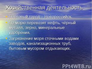 Хозяйственная деятельность Портовый город – Новороссийск.По морю перевозят нефть