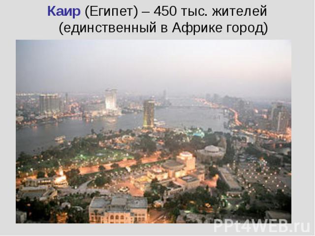 Каир (Египет) – 450 тыс. жителей (единственный в Африке город)Каир (Египет) – 450 тыс. жителей (единственный в Африке город)